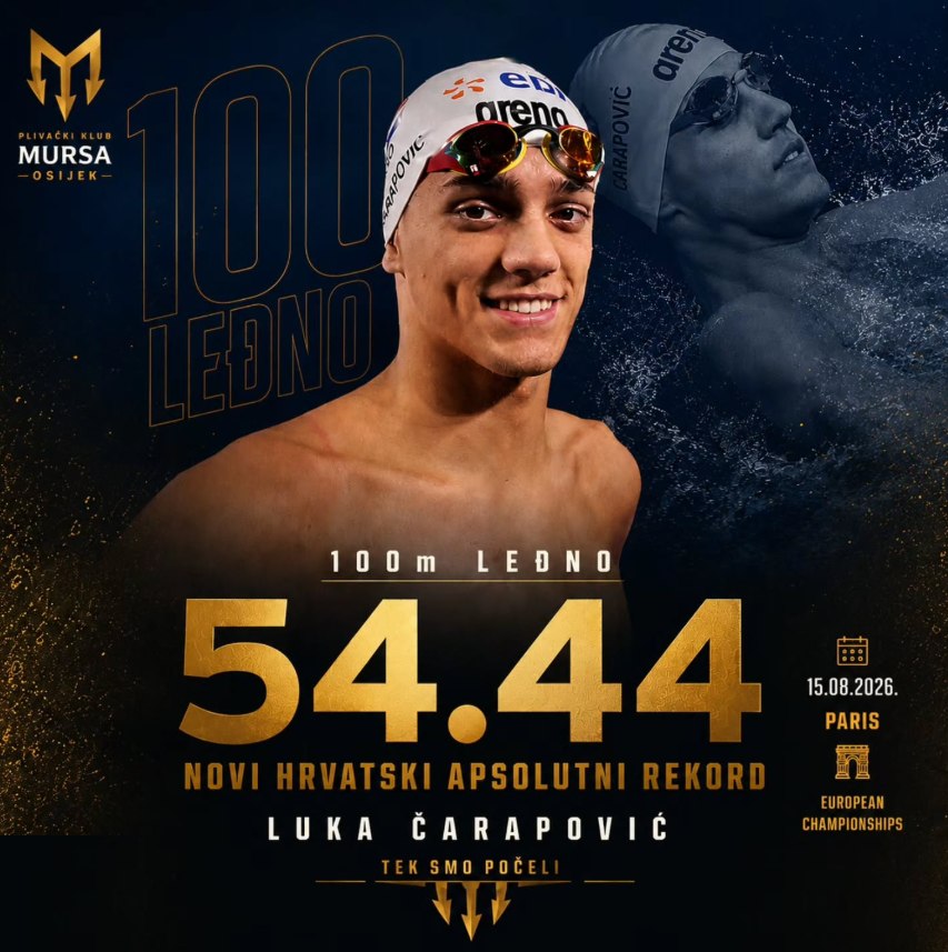 Luka Čarapović — 54.44 na 100 m leđno, novi hrvatski apsolutni rekord, EP Pariz 15. 8. 2026.